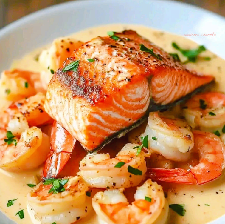 FILETE DE SALMÓN CON CAMARONES Y SALSA DE CAM